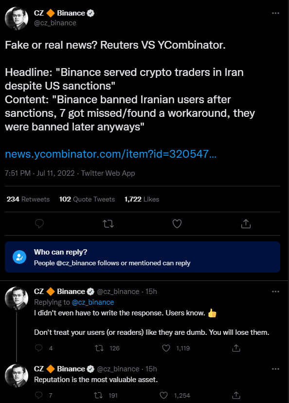 واکنش مدیر عامل بایننس به خبر معاملات ایرانی ها در این پلتفرم